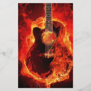 Burning Guitar, Orange Flames Music Rock Band Stationery