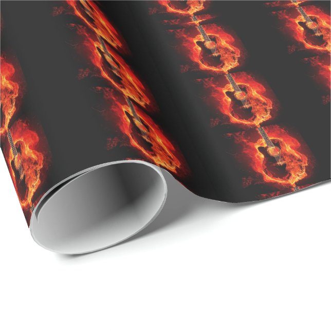 Burning Guitar, Orange Flames Music Rock Band Wrapping Paper (Roll Corner)