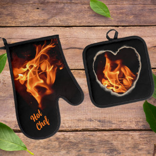 Burning Heart on Fire Hot Stuff Flames Oven Mitt & Pot Holder Set