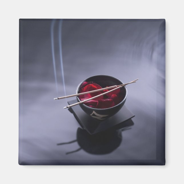 Burning incense on top of bowl of petals magnet (Front)
