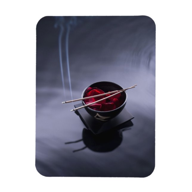 Burning incense on top of bowl of petals magnet (Vertical)