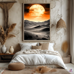 Burning Moon Over Desert Dunes – Monochrome Poster