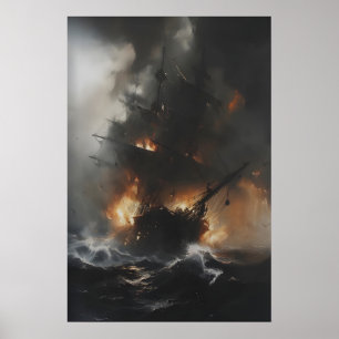 Burning Pirate Ship in Stormy Ocean – Gothic Poster