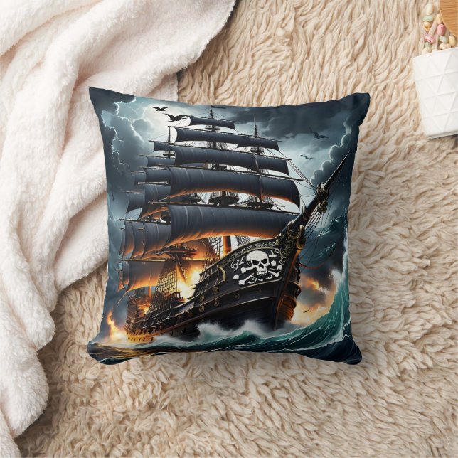 Burning Pirate Ship in Stormy Seas at Dusk Cushion (Blanket)