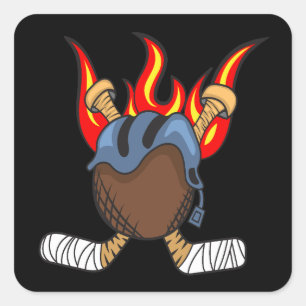 Burning Puck and Hockey Sticks in Flames, Black Square Sticker