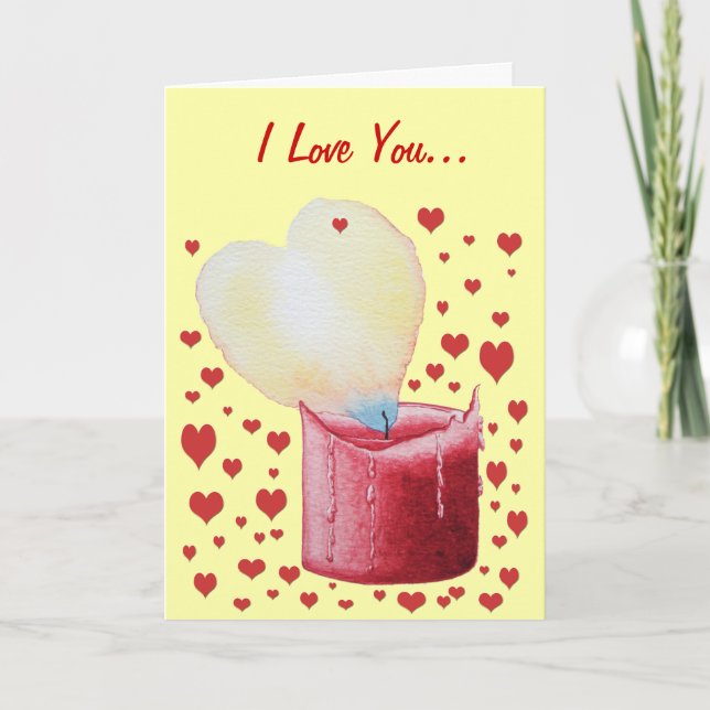 burning red candle with heart flame valentines holiday card (Front)