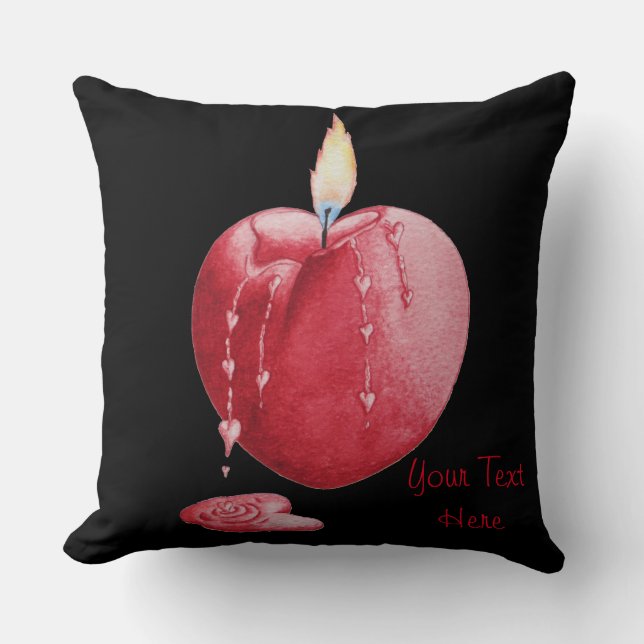 burning red candle with heart shaped flame of love cushion (Front)
