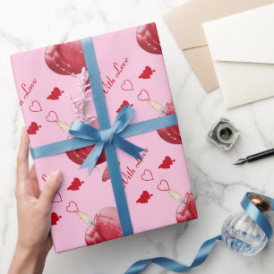 burning red hearts on pink background romantic wrapping paper