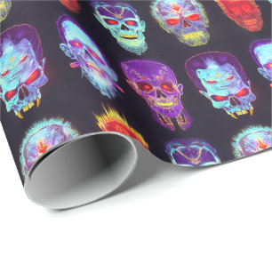 Burning Skull Grid - Neon Zombie Glow Wrapping Paper