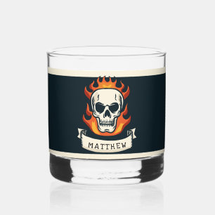 Burning skull personalised with name whiskey glass