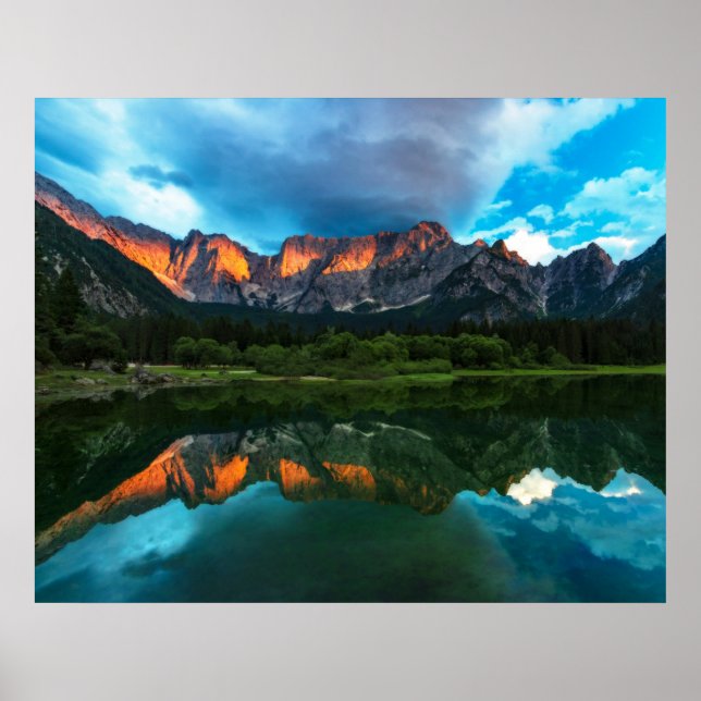 Burning sunset over the mountains at lake Fusine, Poster (Front)