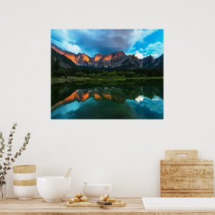 Burning sunset over the mountains at lake Fusine, Poster