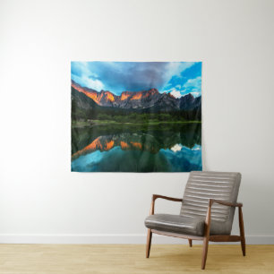 Burning sunset over the mountains at lake Fusine, Tapestry