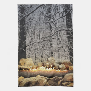 Burning Yule Log in a Snowy Forest Tea Towel