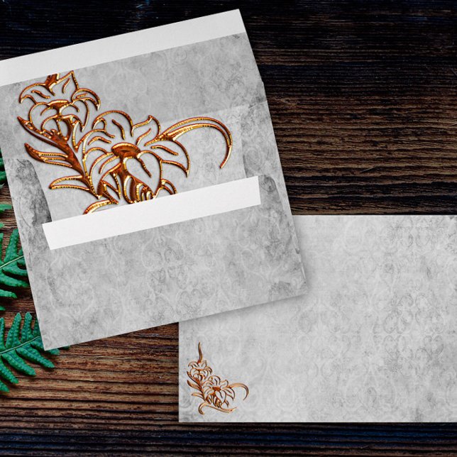 Burnished Golden Flower Grey Parchment Wedding Envelope (Creator Uploaded)