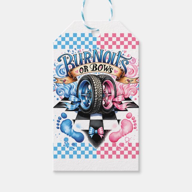 Burnouts or Bows Gender Reveal Gift Tag (Front)