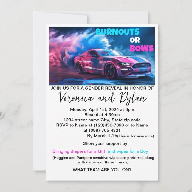 Burnouts or Bows Gender Reveal Invitation (Front)