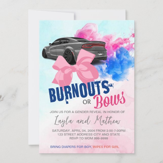 Burnouts or Bows Gender Reveal Invitation (Front)