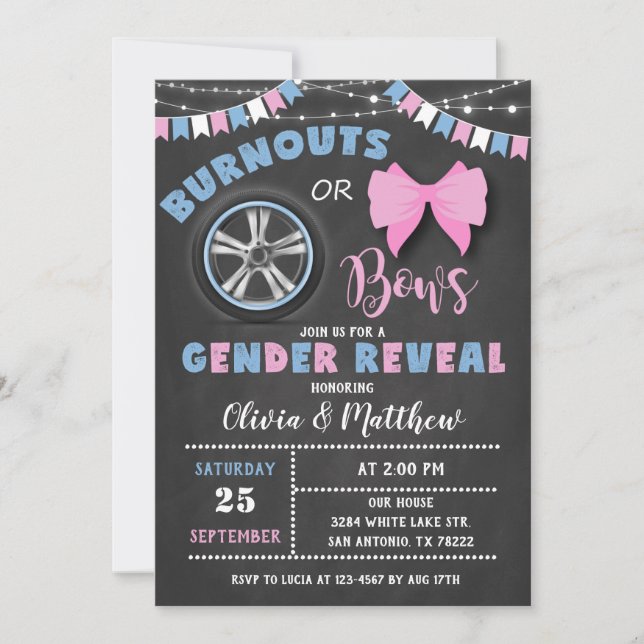 Burnouts or bows gender reveal invitation (Front)