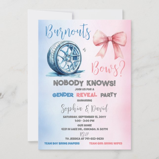 Burnouts or bows Gender Reveal Party Invitation (Front)