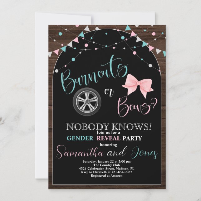 Burnouts or Bows Gender Reveal Party Invitation (Front)