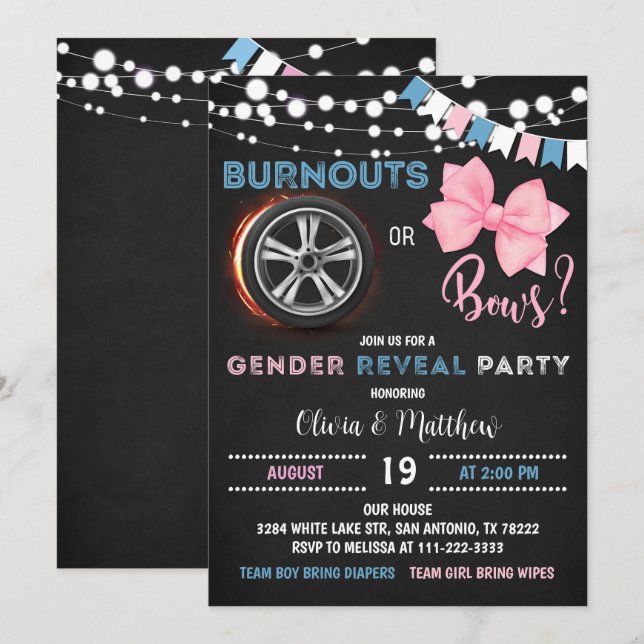 Burnouts or bows Gender Reveal Party Invitation (Front/Back)