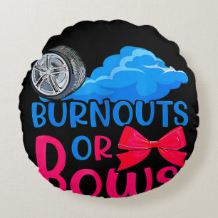 Burnouts or Bows Gender Reveal party mum or dad Round Cushion