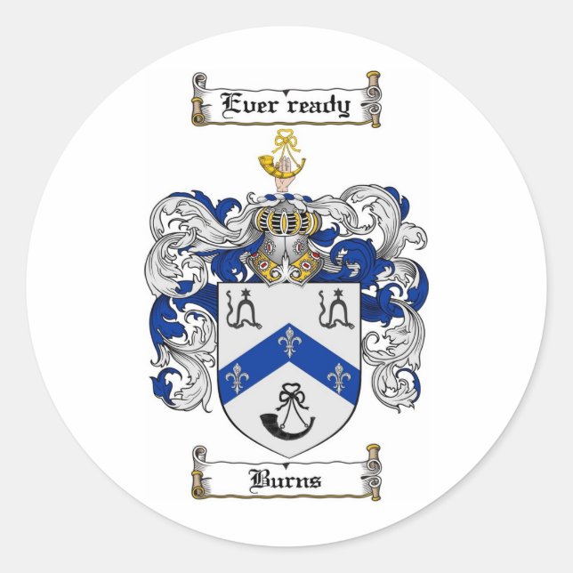 BURNS FAMILY CREST -  BURNS COAT OF ARMS CLASSIC ROUND STICKER (Front)