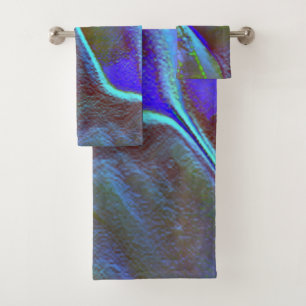 Burnt blue green digital grainy rocky satin shade bath towel set