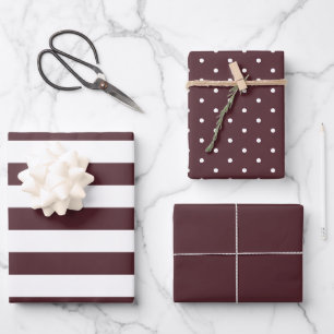 Burnt Burgundy Polka Dot Wide Striped and Solid Wrapping Paper Sheet