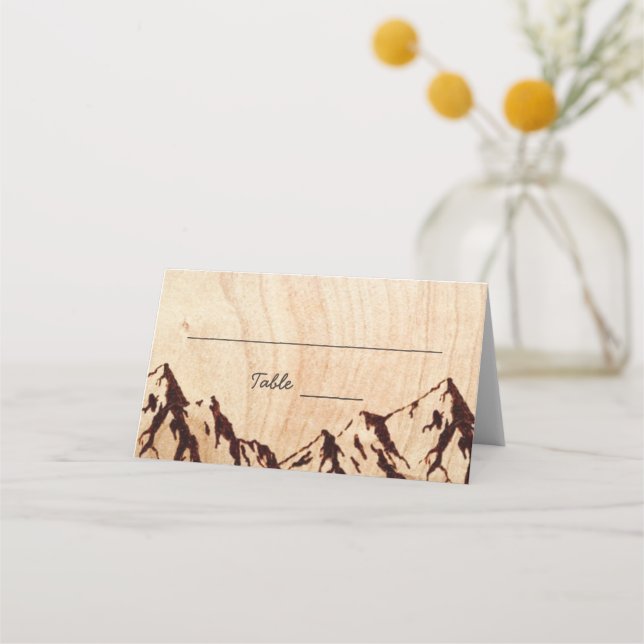 Burnt Mountain in Wood Rustic Wedding Place Cards (Front)