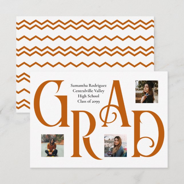 Burnt Orang Three-Photo Classic & Bold GRAD Letter Announcement (Front/Back)