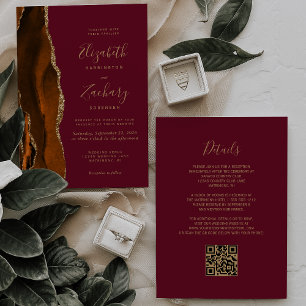 Burnt Orange Agate Burgundy Gold QR Code Wedding Invitation