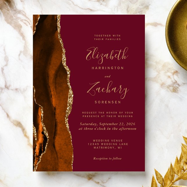 Burnt Orange Agate Burgundy Gold Wedding Invitation (The perfect choice for a burnt orange and burgundy themed wedding.)