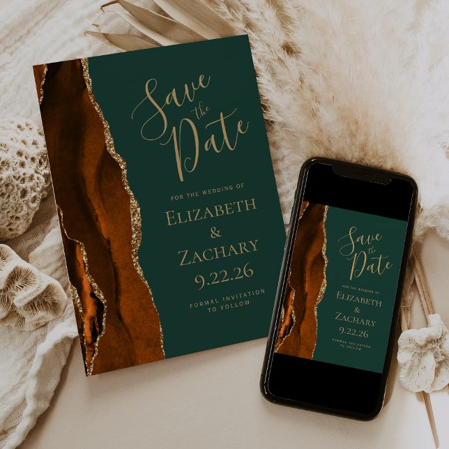Burnt Orange Agate Dark Green Save the Date Invitation (Creator Uploaded)