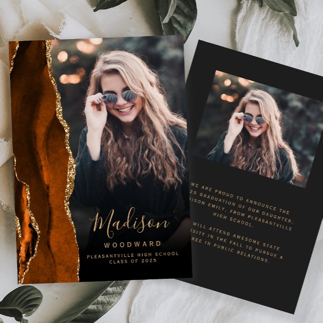 Burnt Orange Agate Dark Photo Grad Announcement (Creator Uploaded)