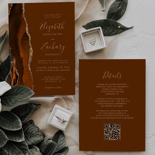 Burnt Orange Agate Gold Brown QR Code Wedding Invitation (Creator Uploaded)