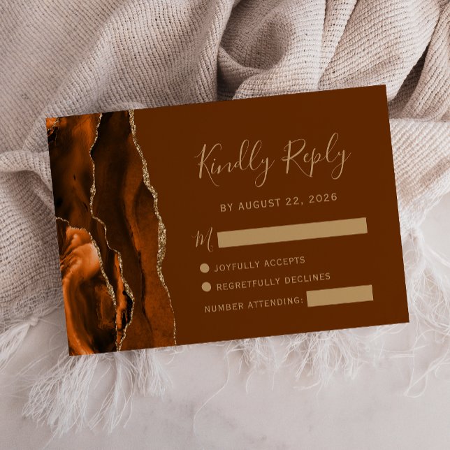 Burnt Orange Agate Gold Brown Wedding RSVP Card (Creator Uploaded)
