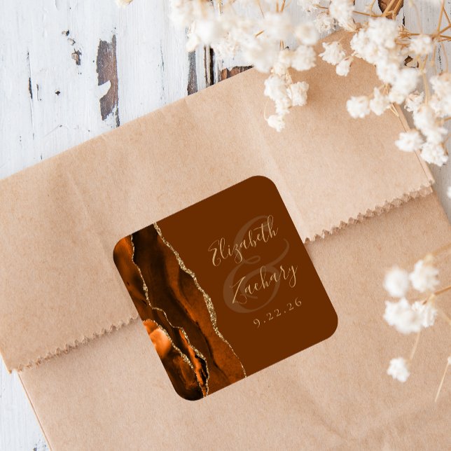 Burnt Orange Agate Gold Brown Wedding Square Sticker (Creator Uploaded)