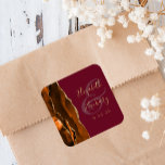 Burnt Orange Agate Gold Burgundy Wedding Square Sticker<br><div class="desc">This elegant modern wedding sticker features a burnt orange watercolor agate geode design trimmed with faux gold glitter. Easily customise the gold-coloured text on a burgundy background,  with the names of the bride and groom in handwriting calligraphy over a large ampersand.</div>