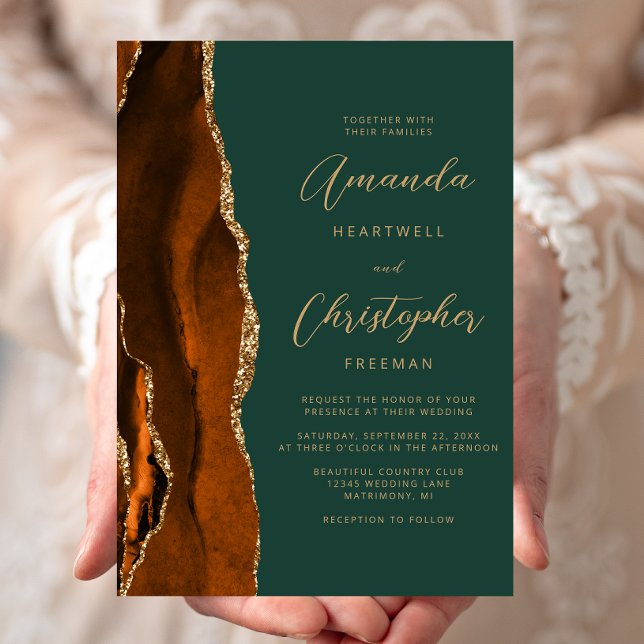 Burnt Orange Agate Gold Dark Green Script Wedding Invitation (Creator Uploaded)