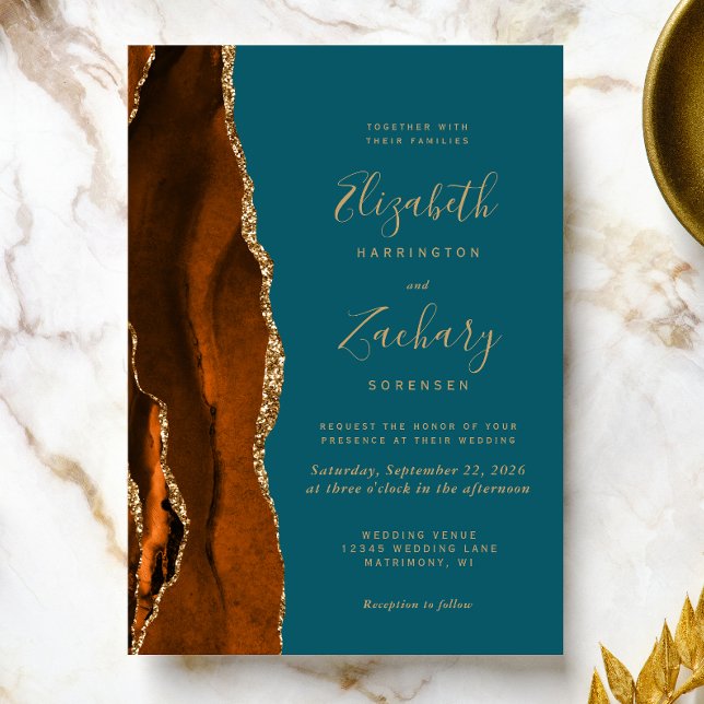 Burnt Orange Agate Gold Dark Wedding Invitation (Creator Uploaded)