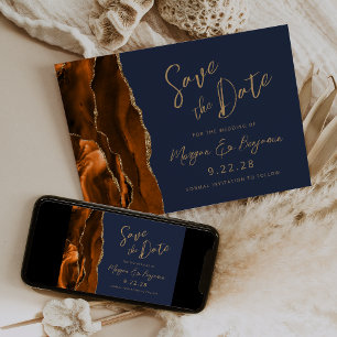 Burnt Orange Agate Gold Navy Blue Save the Date Invitation