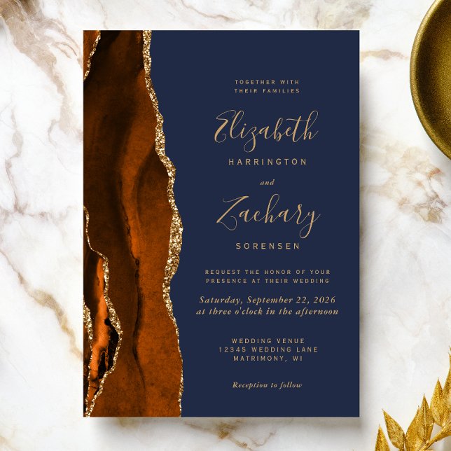Burnt Orange Agate Gold Navy Blue Wedding Invitation (The perfect choice for a burnt orange and navy blue themed wedding.)
