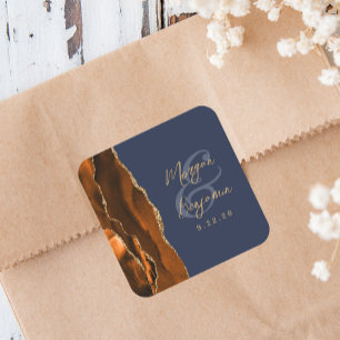 Burnt Orange Agate Gold Script Navy Blue Wedding Square Sticker