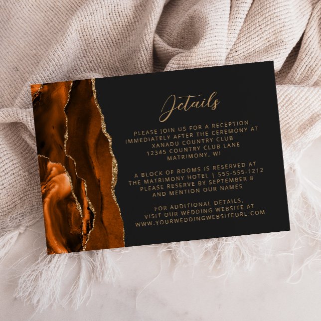 Burnt Orange Agate Gold Script Wedding Details Enclosure Card (Creator Uploaded)