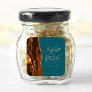 Burnt Orange Agate Gold Teal Wedding Square Sticker