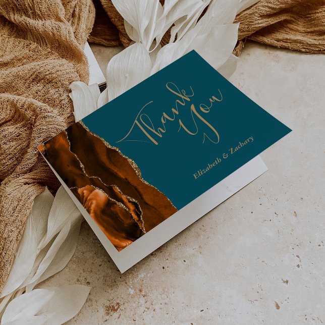 Burnt Orange Agate Gold Teal Wedding Thank You Card (Creator Uploaded)
