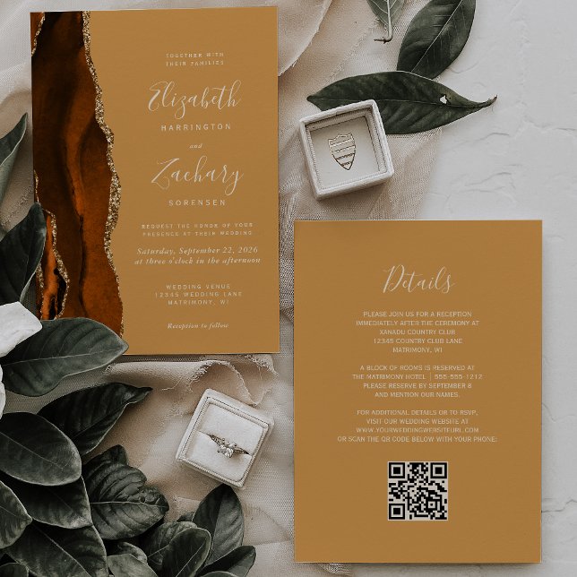 Burnt Orange Agate Honey Gold QR Code Wedding Invitation (Creator Uploaded)