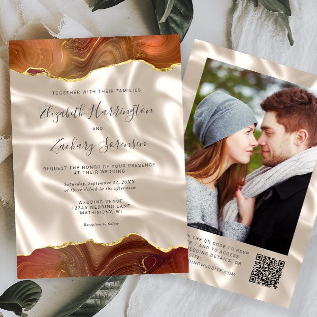 Burnt Orange Agate Ivory Silk Photo QR Code Invitation (Creator Uploaded)